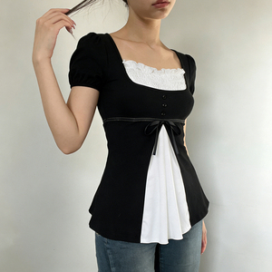 เสื้อยืดผู้หญิง คอปีเตอร์แพน แขนพอง แต่งระบาย ทรงเอไลน์ ผ้าถักสีบล็อก สไตล์ลำลองหวานๆ แฟชั่นทันสมัย - Product Image 5