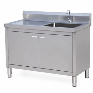 Table <span class=keywords><strong>de</strong></span> préparation <span class=keywords><strong>de</strong></span> cuisine autoportante en acier inoxydable 304, faite à la main, avec évier unique et armoire intégrée à double porte, pour restaurant, vente en gros, OEM - Product Image 2