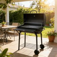 Grand barbecue au charbon de bois avec roues et table latérale, barbecue d'extérieur avec grille de maintien au chaud et étagère de rangement pour la cuisine en plein air
