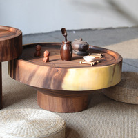 Table basse moderne en bois massif de souche d'arbre, plateau en verre, structure métallique, écologique, portable, design silencieux, en bois carbonisé noir