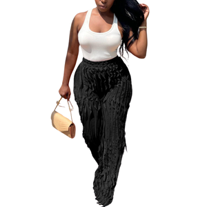 <span class=keywords><strong>Pantalon</strong></span> de jogging ample et long pour femme, taille haute, uni, avec volants ondulés et empiècements, coupe large - Product Image 2
