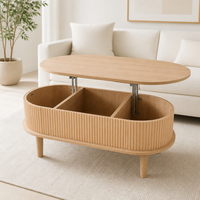 Table basse ovale moderne de style nordique à plateau relevable, en MDF rainuré, avec compartiment de rangement dissimulé pour salon