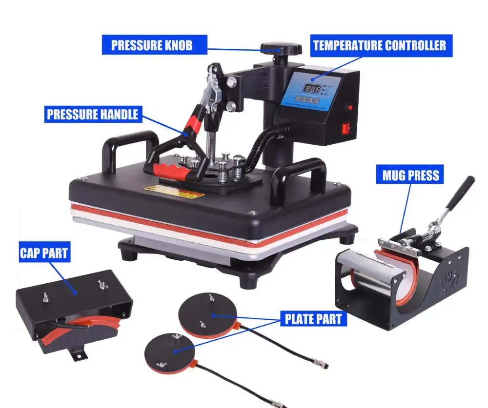 Máquina de prensado en caliente multifunción para sublimación, Combo de máquina de impresión de camisetas y tazas