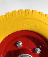Roue Diable Brouette Roudiable/brouette à pneu plein jaune (polyuréthane), jante en acier rouge, roulement à billes. Taille 2.50-4