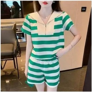 Women's Striped Sailor Collar Short Sleeve T-Shirt And Shorts Set Green White Knitted Casual Suit 2025 Summer New Style - Product Image 2