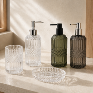 Clear Cut Glass Bathroom <b>Set</b> with Diamond Band Detail, 3-Piece Lotion Dispenser Tumbler <b>Soap</b> Dish - Product Image 1
