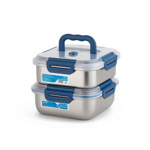 Set di 2 Contenitori per Alimenti in Acciaio Inox con Coperchi Blu, Chiusura Ermetica per Uso in Frigorifero - Product Image 1
