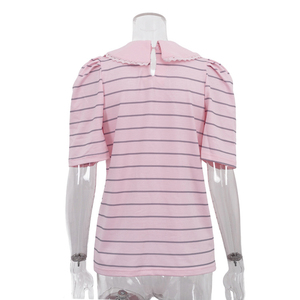 T-shirt rayé rose pour femme, col Peter Pan, manches courtes, tricoté, style preppy, décontracté, pour l'été - Product Image 5