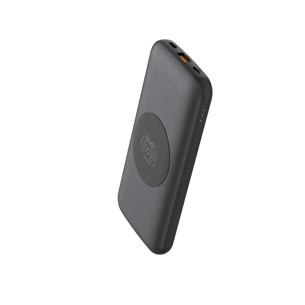 budi factory portable slim usb-c PD18w QC3.0 18w fast charger 10W Qi wireless charging power bank 10000mAh
