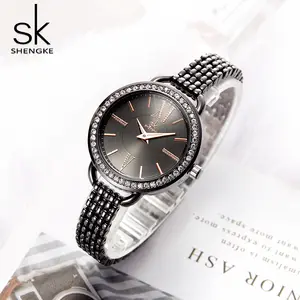 Shengke relógio de pulso feminino, relógio de pulso estilo luxo feminino pulseira luminosa à noite relógios para mãos preto clássico com pulseira