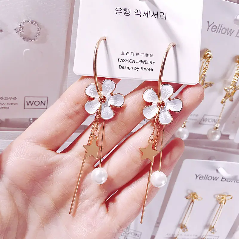 Retro Fashion Long Pearl Pendant Earrings Temperament Tassel S925 Silver Needle Flower Earrings For Women