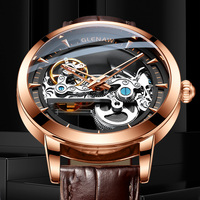 Glenaw luxe classique montre pour hommes squelette automatique mouvement mécanique Hallow sculpté Tourbillon pont Silicone bande verre