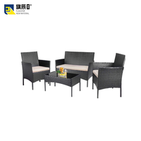 Ensemble de patio 4 pièces en rotin PE noir avec coussins beiges et table en verre