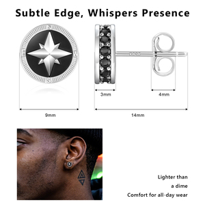 Black Enamel Compass Star Coin Earrings 925 <b>Silver</b> <b>Stud</b> Ear Jewelry for Gift and Travel Theme Iced Out Hiphop Earrings - Product Image 2