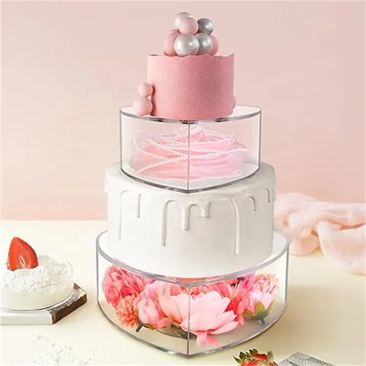 शादियों, जन्मदिनों, पार्टियों और अन्य अवसरों के लिए फैशन सुरुचिपूर्ण ऐक्रेलिक हार्ट केक बॉक्स धारक पारदर्शी केक डिस्प्ले रैक