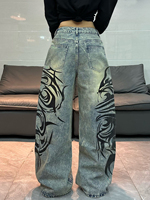 Jean en denim taille haute pour femme, brodé sur mesure, délavé vintage, coupe baggy droite évasée