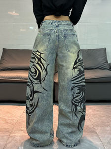 Jean en denim taille haute pour <span class=keywords><strong>femme</strong></span>, brodé sur mesure, délavé vintage, coupe baggy droite évasée - Product Image 2