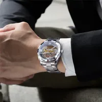 Montre Forsining GMT1165 pour homme, design transparent, mécanique, engrenage argenté, squelette, acier inoxydable, automatique