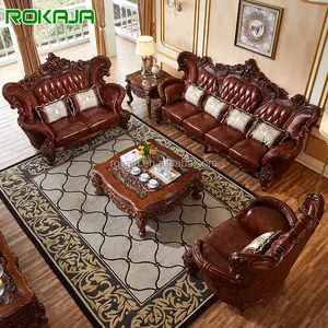 Sofa kulit sapi Vintage mewah, 1 2 4 tempat duduk Villa Hotel klub santai ruang keluarga Royal Sofa kombinasi Modern Eropa