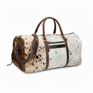 High Quality Luxury GENUINE Cowhide Duffle <b>Bag</b> Unique <b>Large</b> Capacity Weekender <b>Bag</b> <b>Black</b> White Hair-On-Leather Feature Durable - Product Image 1