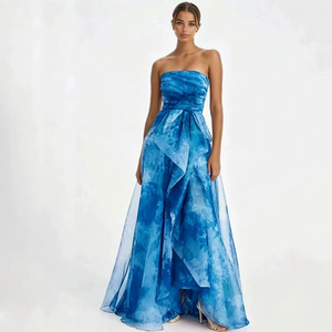 Strapless Blue Floral Print Evening Dress Empire Waist Long Gown Translucent Full <b>Swing</b> Style - Product Image 1