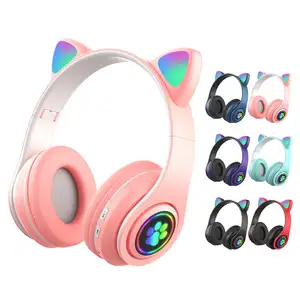 B39 Headphone nirkabel telinga kucing lucu, Headset ponsel dengan lampu kilat Led, helm musik Stereo dapat dilipat hadiah untuk anak perempuan