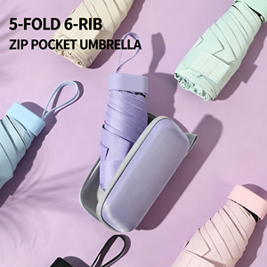 Parasol de soleil à 6 baleines avec étui, protection UV, léger, compact, pliable, pour la pluie et le soleil, avec pochette zippée - Product Image 2