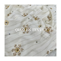 Tissu en coton brodé frais à rayures horizontales, perles dorées, strass et sequins en forme d'étoile pour robes et chemisiers pour femmes
