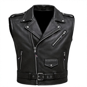 <b>Men's</b> Black Genuine <b>Leather</b> Casual Lace Moto <b>Vest</b> V-neck Zipper Closure Plus Size Regular Fit Solid Color Outerwear - Product Image 1