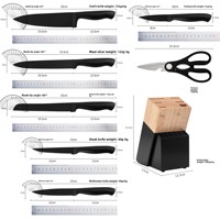 Ustensiles de cuisine en acier inoxydable noir, lame 3Cr13, accessoires de cuisine personnalisés, ciseaux, ensemble de couteaux de chef avec bloc à couteaux en bois