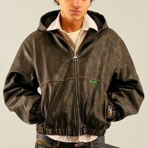 Clothing Custom Vintage Pu Leather <b>Jackets</b> Hoodies for <b>Men</b> Street Wear Heavyweight Oversize Zipper Leather Hoodie Manufacturer - Product Image 5