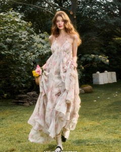 Vestido Largo Informal de Poliéster y Chifón con Estampado de Jardín de la Vía Láctea, Cuello Halter y Cintura Imperio, Personalizable, Modelo A15 - Product Image 3