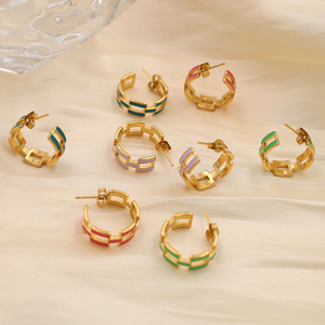 Geometric Stud Earrings Gold Plated Enamel Hoop Small Round Ear Studs For Women Fashion Jewelry Multi Color Choice - Product Image 2