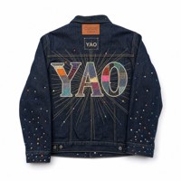 Blouson en jean vintage personnalisé pour homme, 14 oz, délavage foncé, patchwork de strass, lettres, style camionneur, indigo, 100 % coton, service OEM