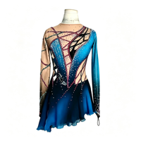 Robe de patinage artistique bleu roi avec strass, maille transparente, manches longues, dos en V profond, jupe, costume de compétition de danse sur glace