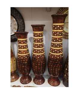 ชุดแจกันไม้ทำมือ 3 ชิ้น พร้อมงานฝังทองเหลืองและลายแกะสลักแบบดั้งเดิม แจกันทรงสูงสำหรับตกแต่งบ้าน - Product Image 1