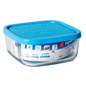 Boîte de rangement Frigoverre compatible micro-ondes 10x10cm bleu tricolore, lot de 12 pour l'organisation des repas scolaires, fabriqué en Italie, modèle - Product Image 1