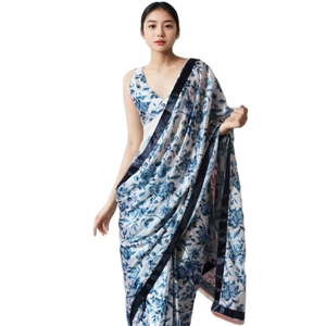 Sari traditionnel indien et pakistanais en soie pure de Manipur avec impression numérique et bordure en dentelle - Product Image 1