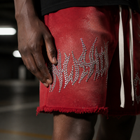 Pantalones Cortos Personalizados para Hombre con Cintura Elástica, Pedrería, Efecto Desgastado Vintage, Lavado, Estilo Urbano, Bajo sin Rematar, Y2K, Moda Urbana, Venta al por Mayor