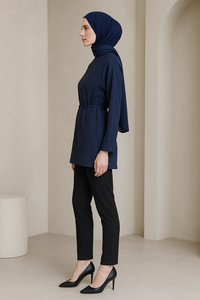 YXT031Muslim - Style Women Clothes: Navy Blue Long - Sleeve <strong>Tunic</strong> Top with Waist Tie for Modest Wear Matching Lugid <strong>Jersey</strong> Scarf - Product Image 2