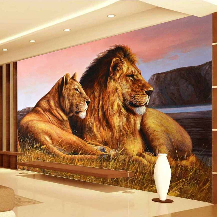 Custom Photo Wallpaper Of African Prairie Lion | 3D Custom Mural For Living Room & Bedroom Decor | Upholstered Silk Wallpaper