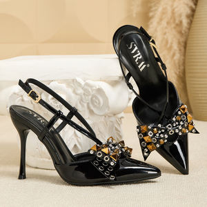 <span class=keywords><strong>Zapatos</strong></span> de tacón de aguja con lazo y correa trasera - <span class=keywords><strong>Zapatos</strong></span> de fiesta de <span class=keywords><strong>charol</strong></span> negro con punta en pico - Product Image 4