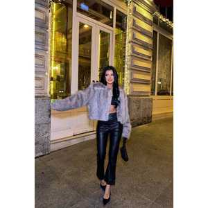 <b>Powder</b> <b>Pink</b> Reversible Fox Fur Overcoat Long Slim Style Vintage Single Breasted Belt Waterproof Dyed Wool Plaid Print Design - Product Image 1