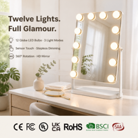 Miroir de maquillage éclairé en bois blanc avec lumières, 34 cm, rotation à 360°, 3 modes de couleur, variateur d'intensité, capteur tactile