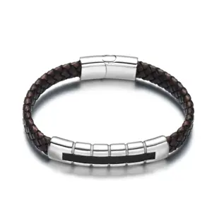 REAMOR 2019 Men Wide Leather Inlay Special Design 316L Stainless Steel Magnetic Buckle Brown Bracelet for Men and Women