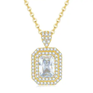 Custom 925 Sterling Silver 18k Gold Plated Square Shape Claw Setting Cubic Zircon Pendant Necklace for Fashion Jewelry