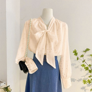 IStapromo Gifts Neck Bow Chiffon <b>Shirt</b> for Versatile Lantern Sleeve <b>Shirt</b> for <b>Women</b> With a Stylish <b>Long</b> Sleeved Top - Product Image 2