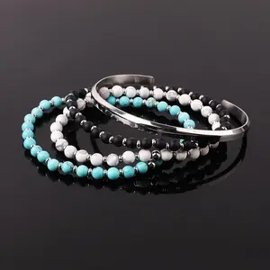 High Quality Stainless Steel Thin Bangle 4mm Natural Stone Turquoise Elastic Beads Bracelet Men Women JBS12436