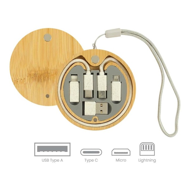 Ai-mich Eco Friendly Charging Cable With Bamboo Wood Case and Three Adapters for Mobile Phone Data Sync and Fast Charge