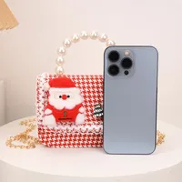 Sacs à bandoulière carrés à carreaux mignons pour filles, sacs à main avec poignée en perles Père Noël, porte-monnaie pour bébés et enfants, cadeau de Noël